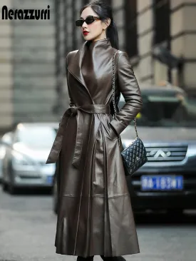 Autumn Long Brown Black Soft Faux Leather Trench Coat for Women Belt Skirted Elegant Luxury Fashion 5xl 6xl 7xl 2022