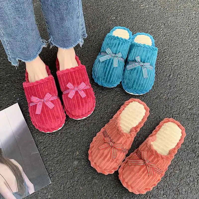 Autumn Winter Women's Home Slippers Bow Casual House Shoes For Women Men Trend Flat Cotton Slides Ladies Shoes тапочки для дома