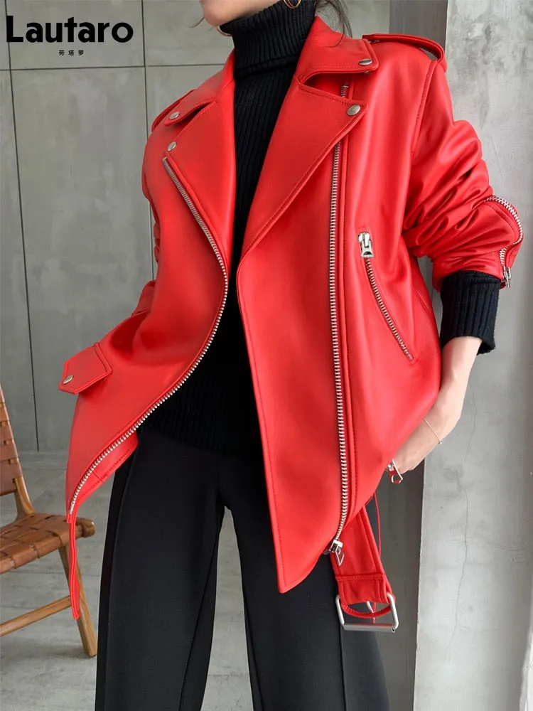 Autumn Womens Leather Motorcycle Biker Jacket Zipper Long Sleeve Loose Red Black Soft Faux Leather Jacket for Women 2021