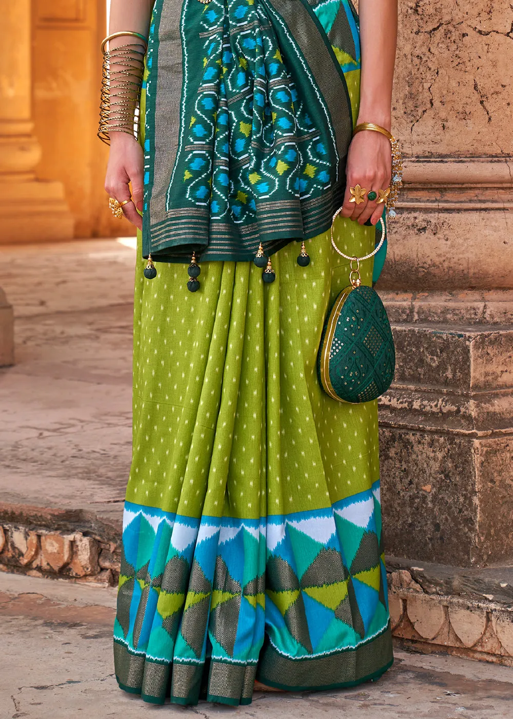 Avocado Green Designer Printed Silk Saree with Contrast Blouse & Pallu