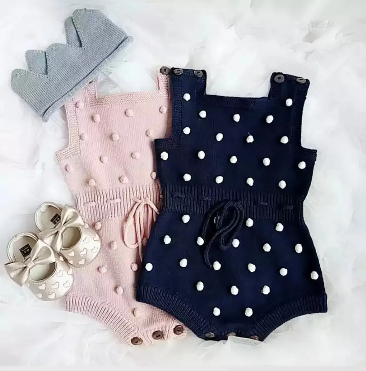 Baby Girl Knitted Romper with Bobbles / Pom Pom - Navy / White