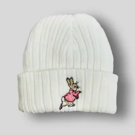 Baby Girls Beanie Hat -White - Rabbit Embroidery