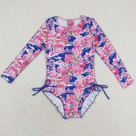 Baby Girls Swimsuits Pavilion Flowers Long Sleeve One Piece Swimsuits S0376