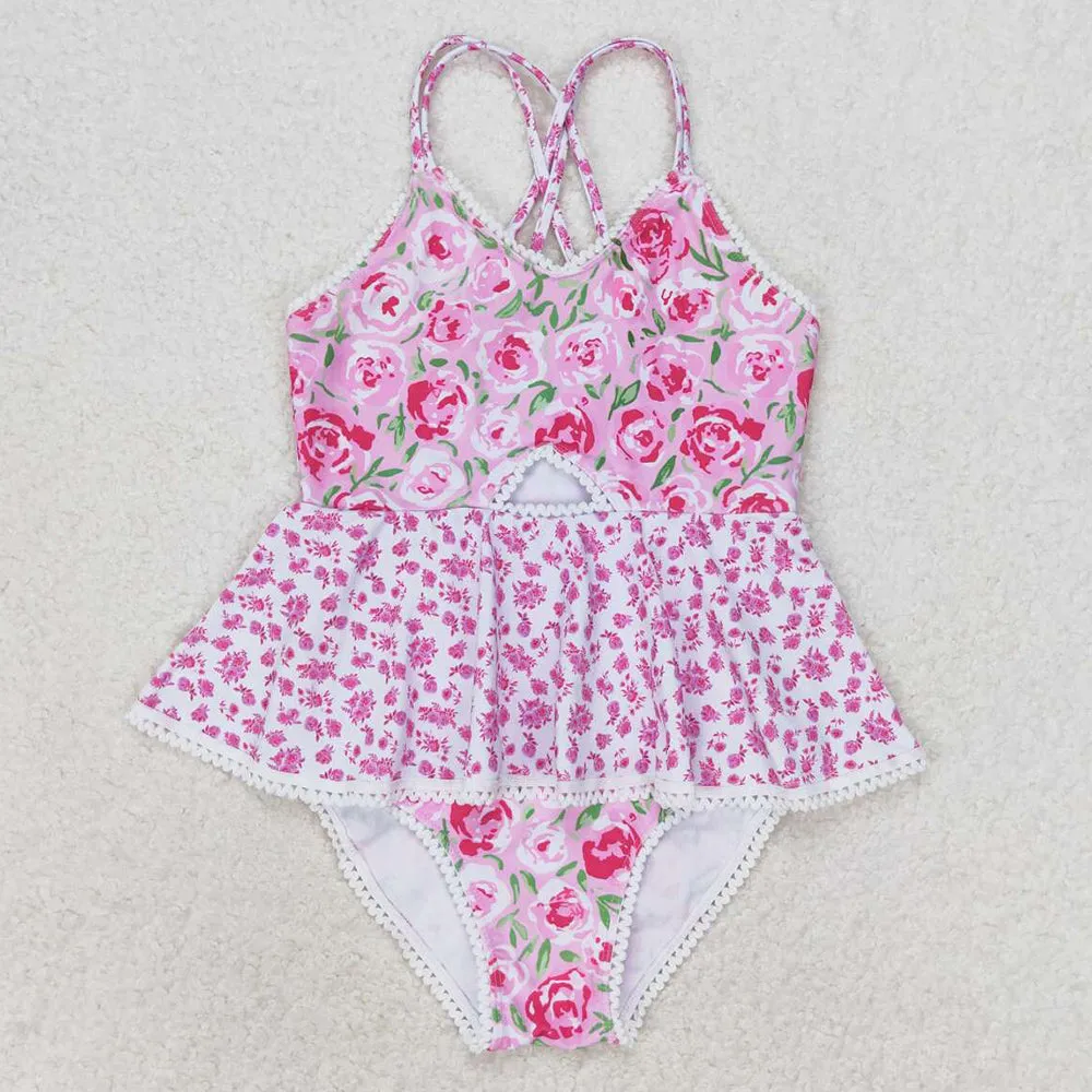 Baby Girls Swimsuits Pink Rose Flowers Ruffle One Piece Swimsuits S0247