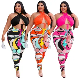 Bandage print hanging neck plus size Set AY1910