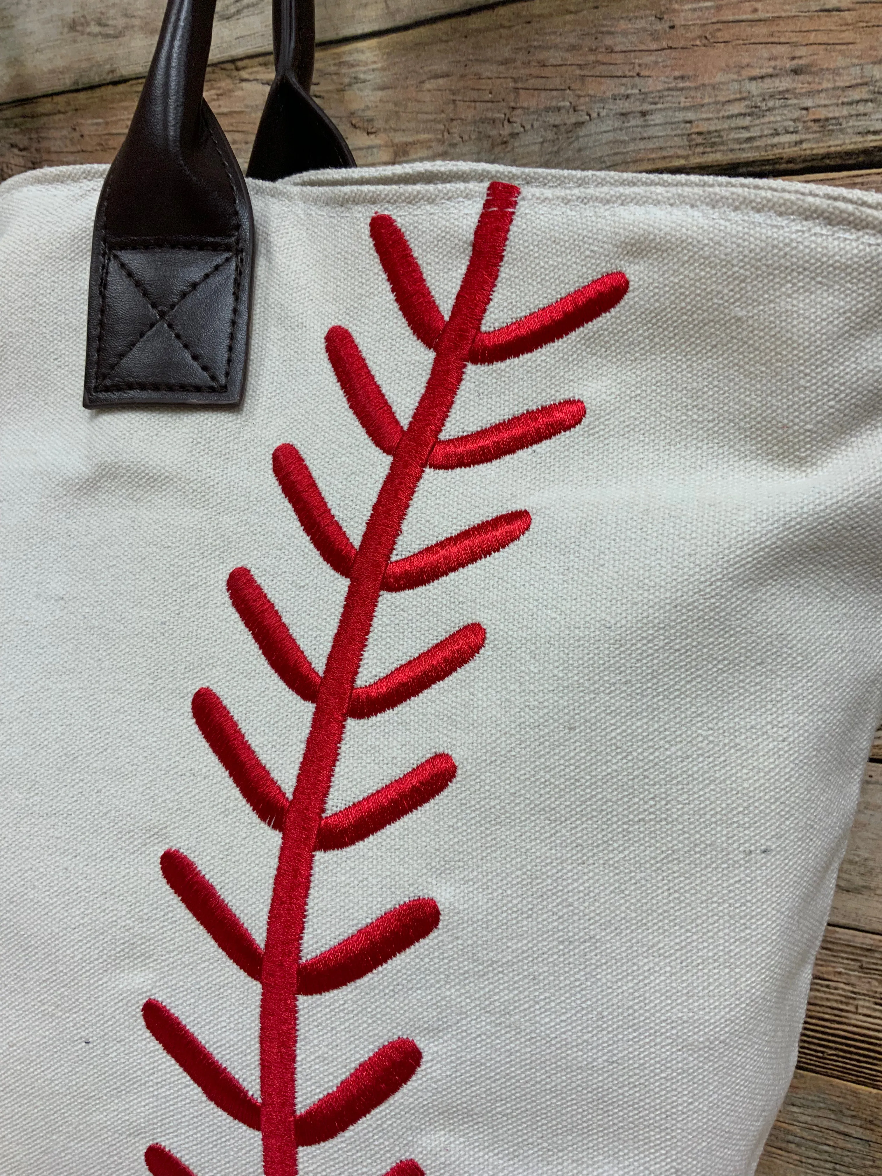 Baseball Tote with Embroidered Laces and Faux Leather Straps