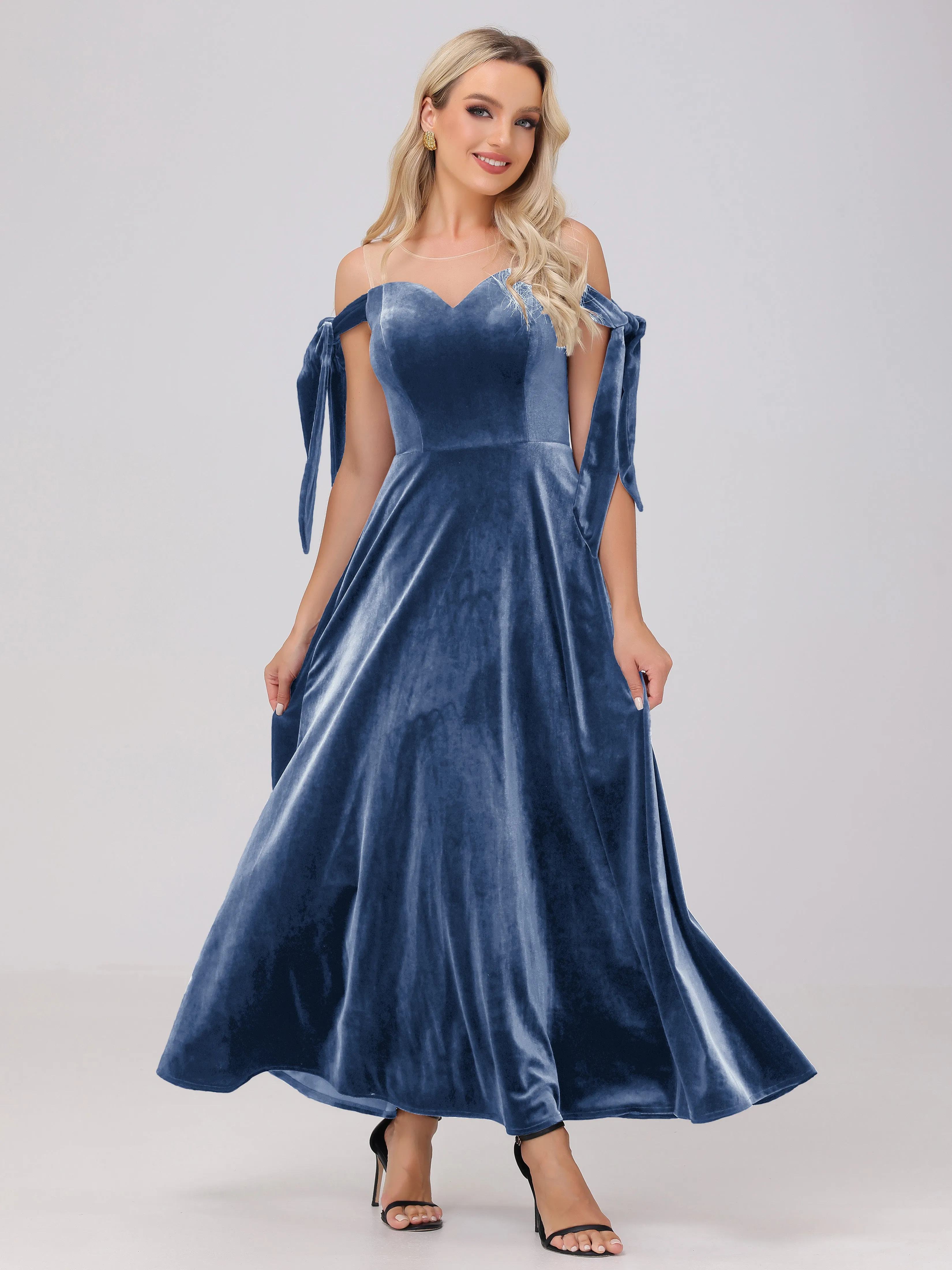 Bateau Off The Shoulder Long Velvet Bridesmaid Dresses