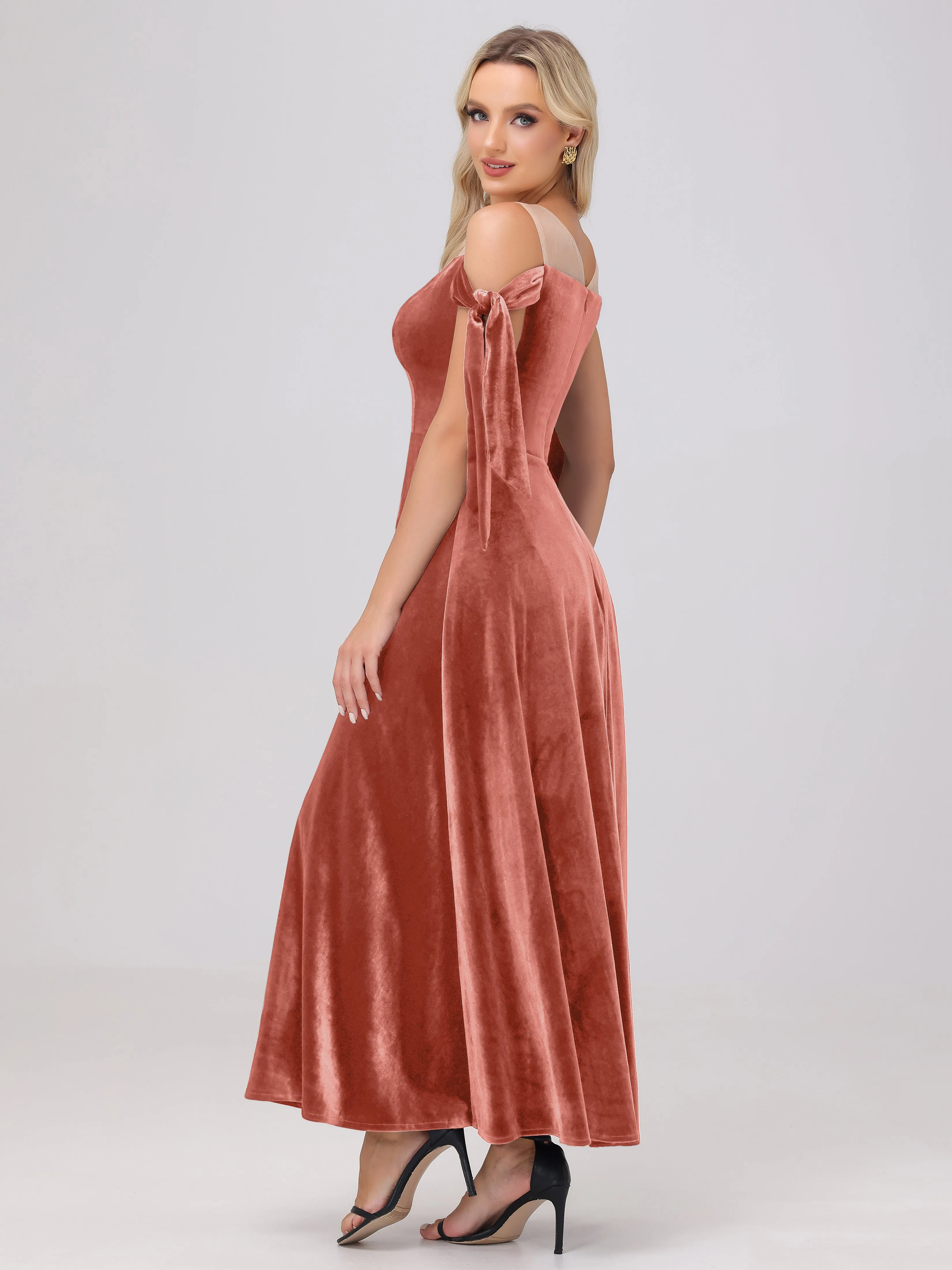 Bateau Off The Shoulder Long Velvet Bridesmaid Dresses