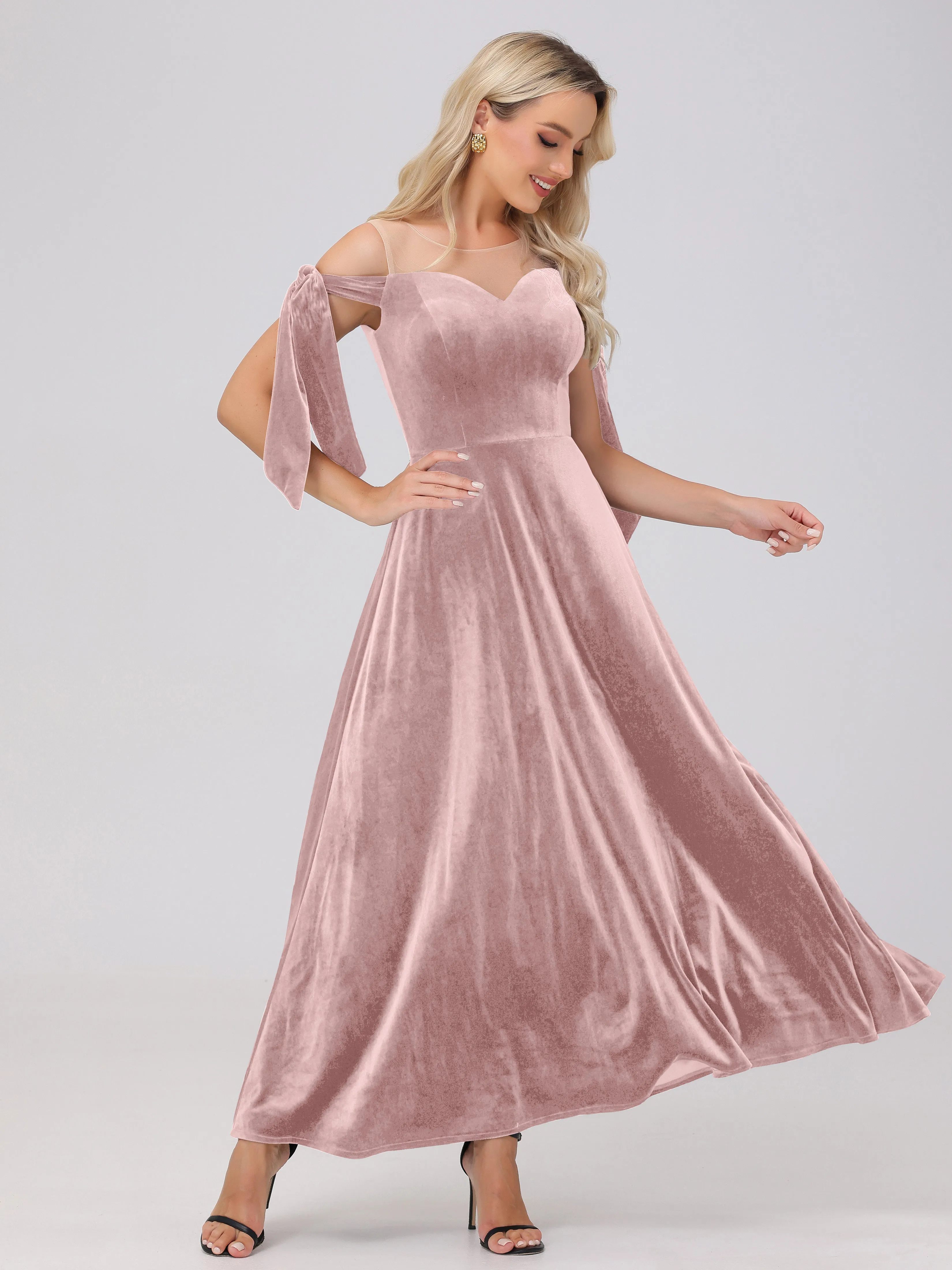 Bateau Off The Shoulder Long Velvet Bridesmaid Dresses