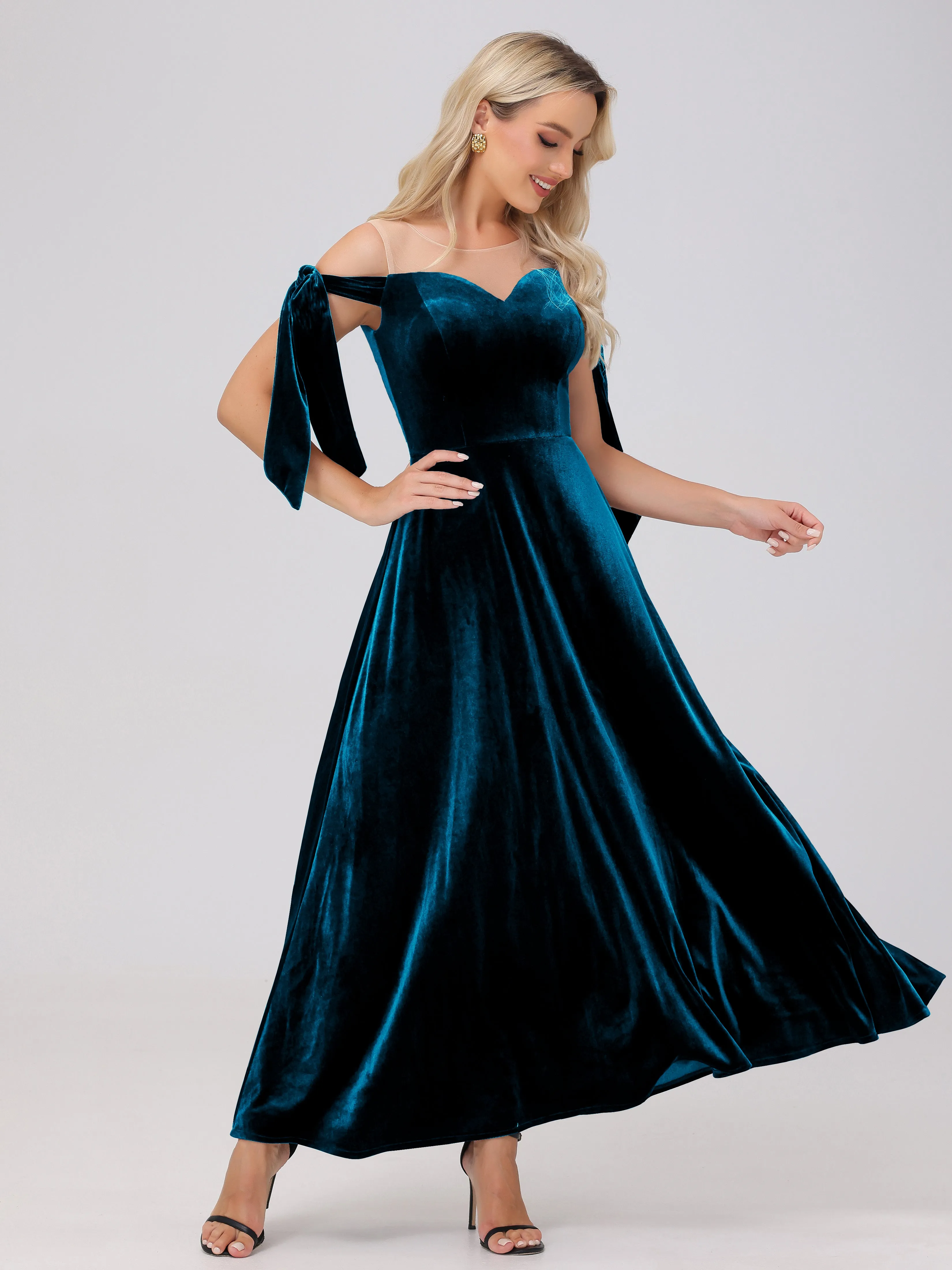 Bateau Off The Shoulder Long Velvet Bridesmaid Dresses