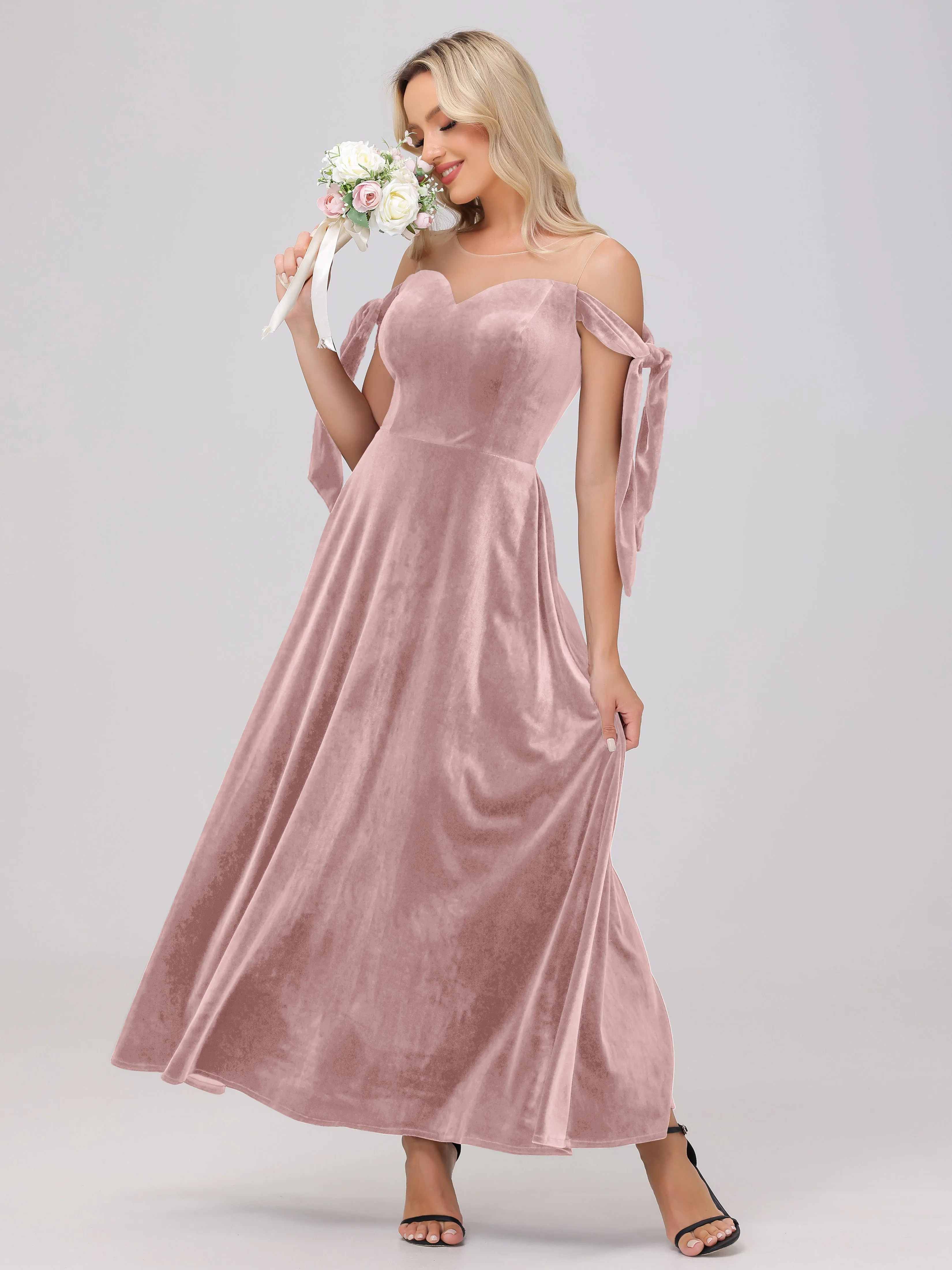 Bateau Off The Shoulder Long Velvet Bridesmaid Dresses