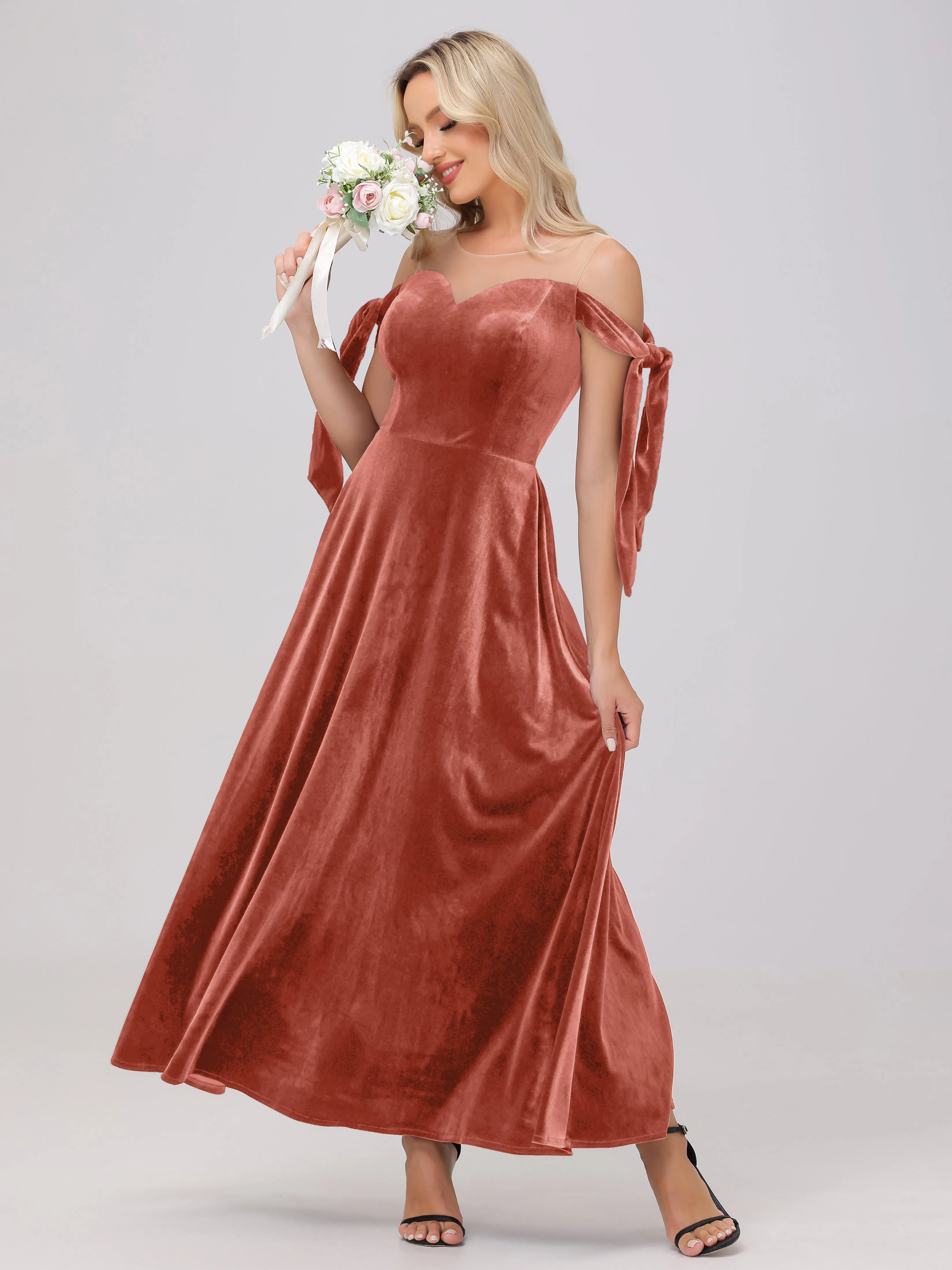 Bateau Off The Shoulder Long Velvet Bridesmaid Dresses