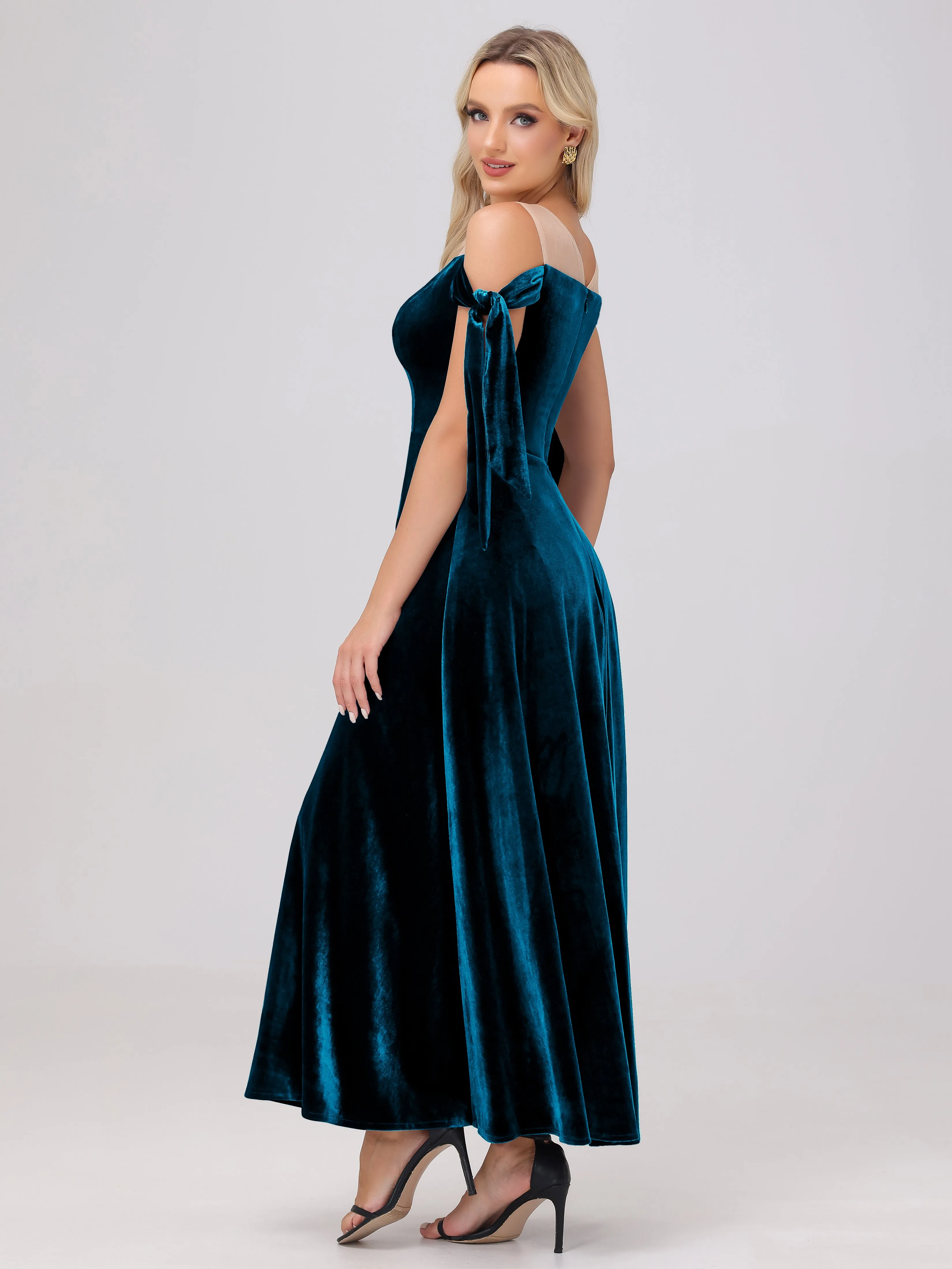 Bateau Off The Shoulder Long Velvet Bridesmaid Dresses