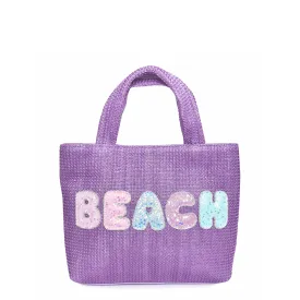 'Beach' Purple Straw Mini Tote Bag