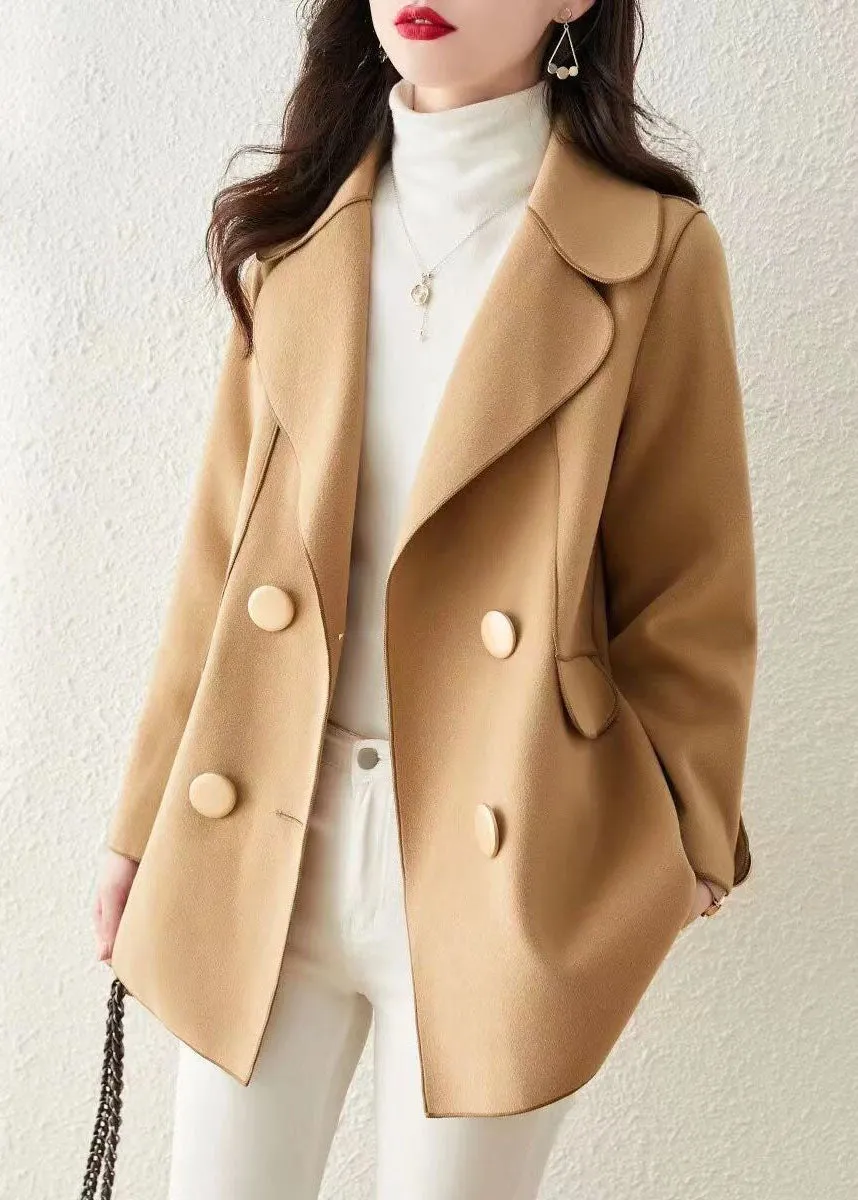 Beautiful Khaki Peter Pan Collar Button Patchwork Woolen Coat Fall