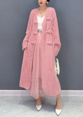 Beautiful Pink V Neck Button Woolen Trench Coat Long Sleeve ML1447