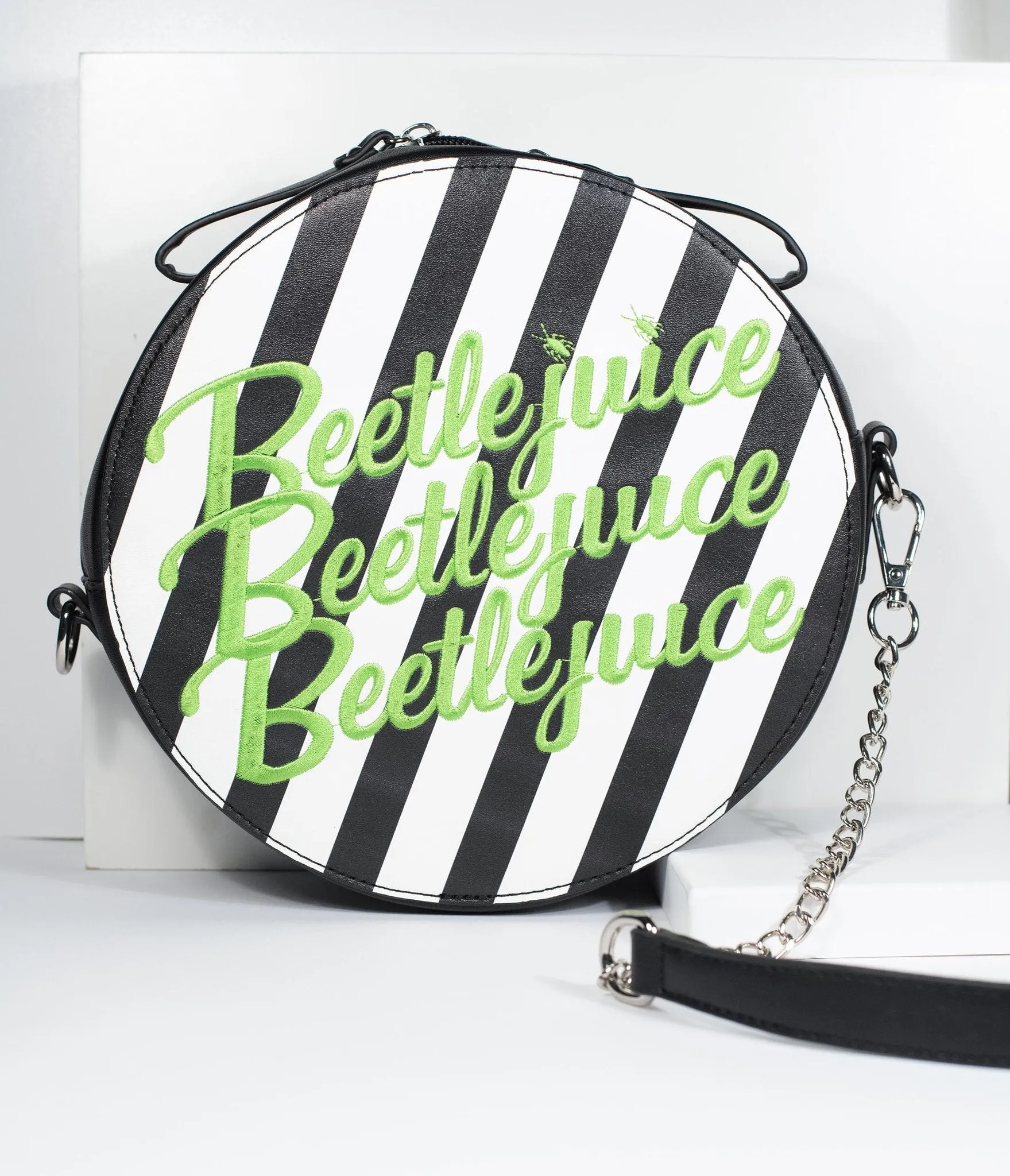 Beetlejuice Black and White Striped Round Crossbody Purse