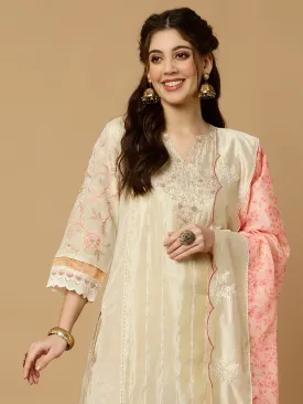 Beige & Peach Zarodosi Jacquard Silk Kurta With Pants And Dupatta