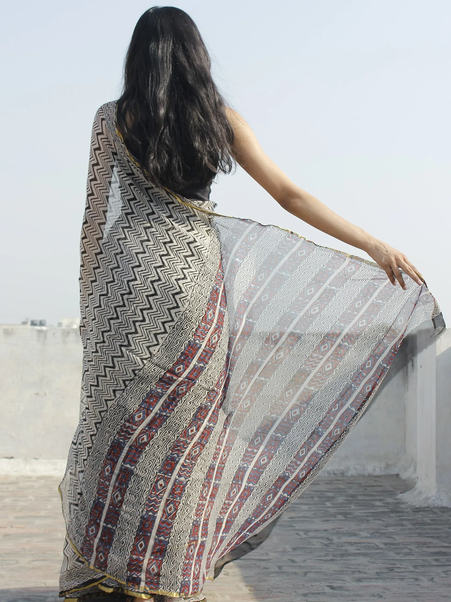 Beige Black Maroon Hand Block Printed Chiffon Saree - S031702329