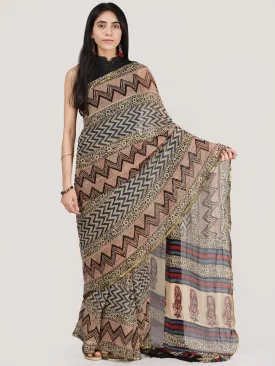 Beige Black Red Hand Block Printed Chiffon Saree With Zari Border - S031704693