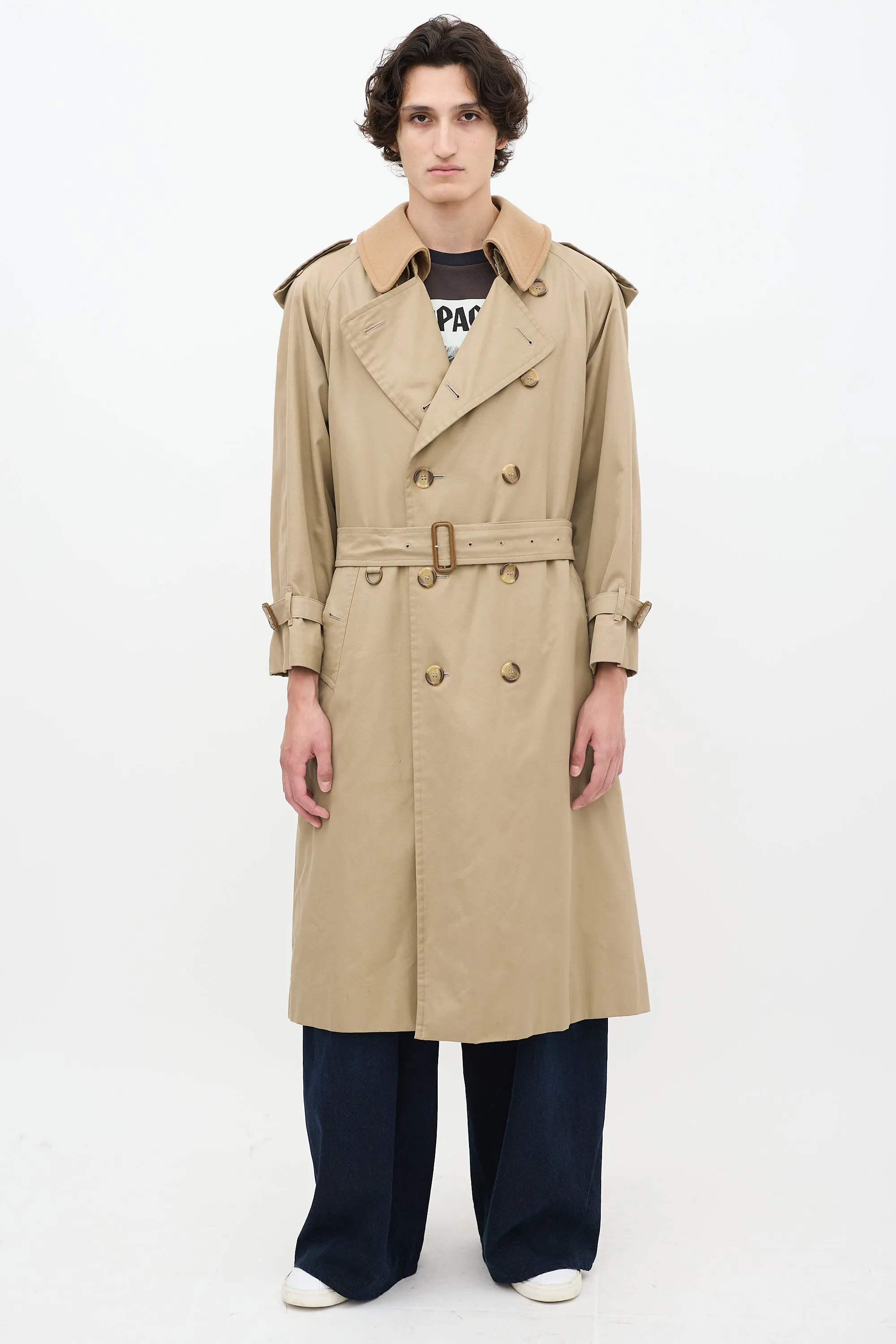 Beige Detachable Collar Belted Trench Coat