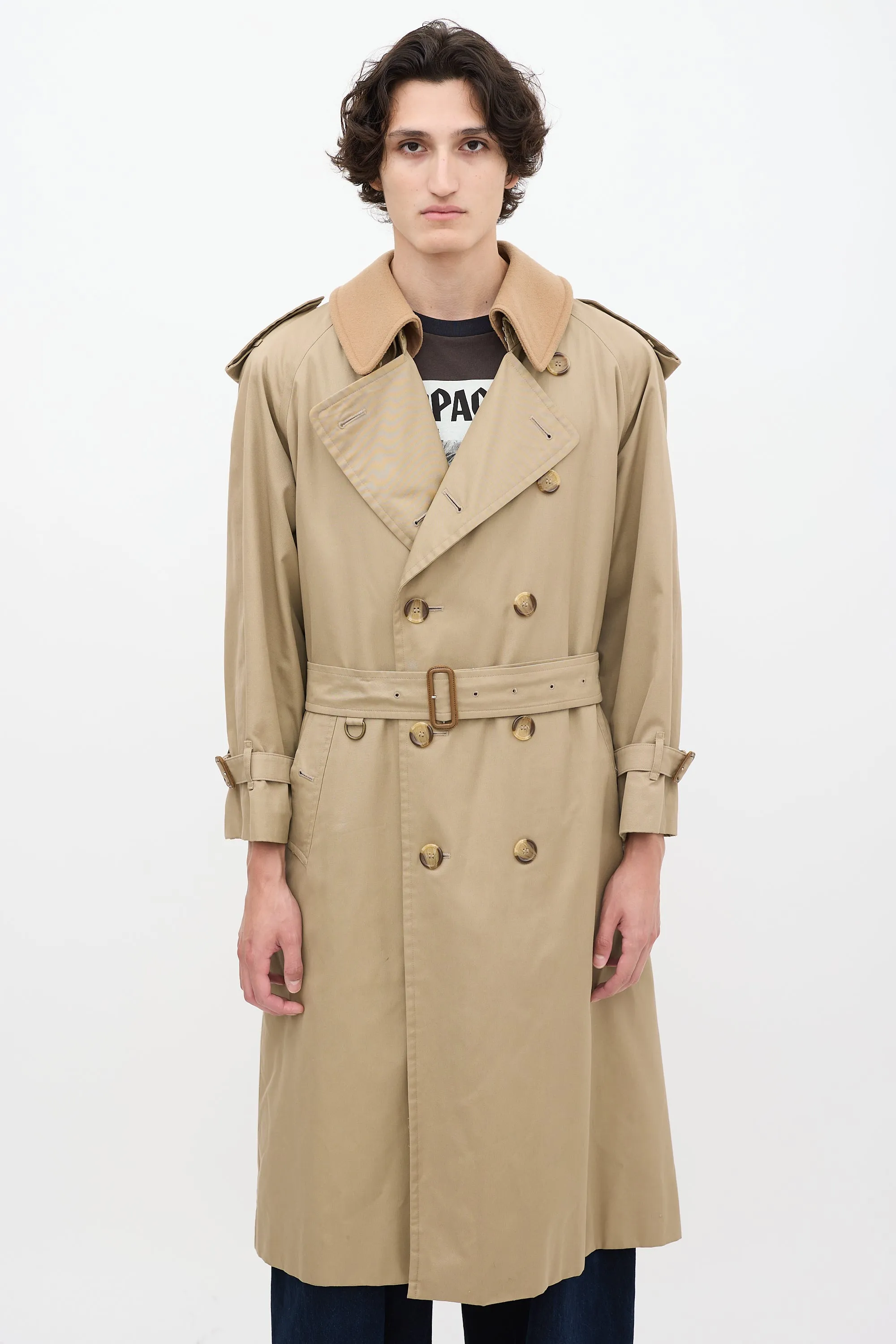 Beige Detachable Collar Belted Trench Coat