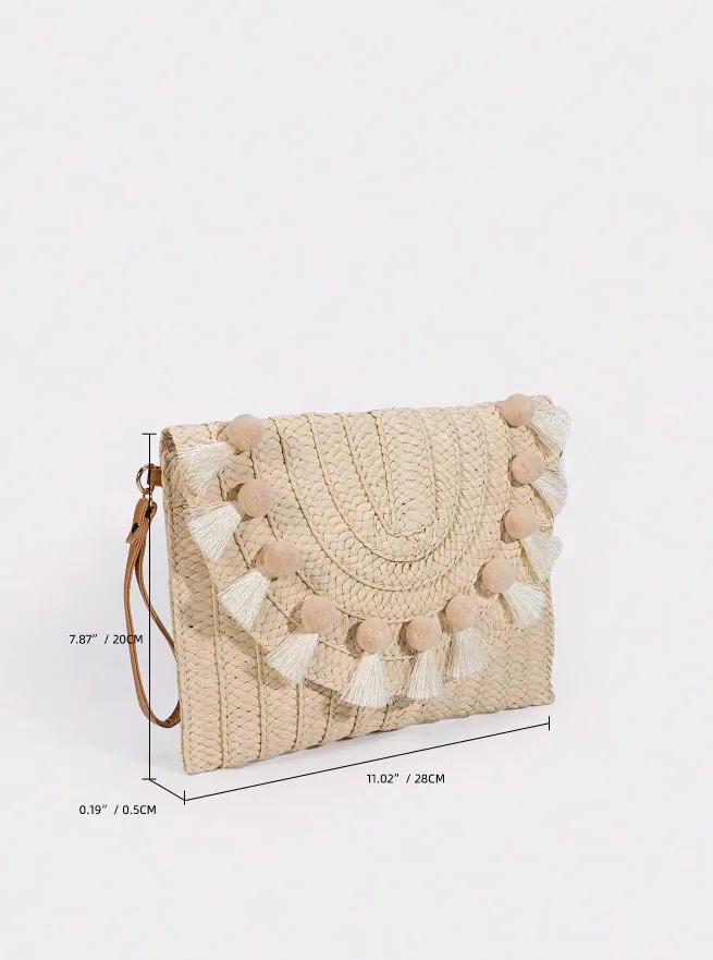 Beige Pompom Straw Clutch Bag