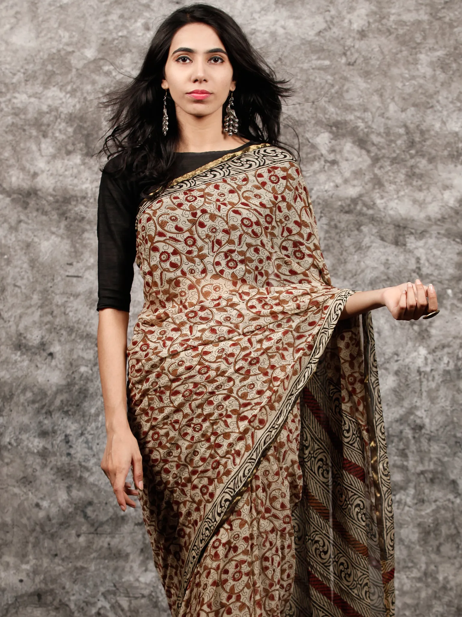 Beige Rust Brown Black Hand Block Printed Chiffon Saree with Zari Border - S031703492