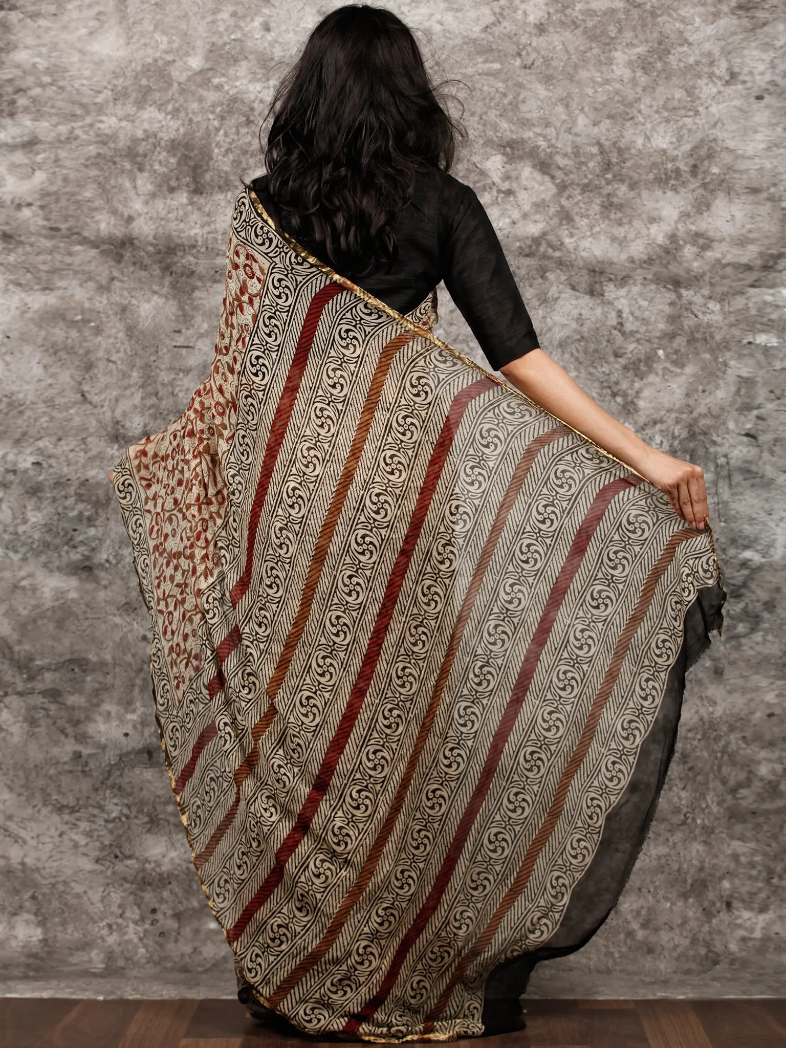 Beige Rust Brown Black Hand Block Printed Chiffon Saree with Zari Border - S031703492