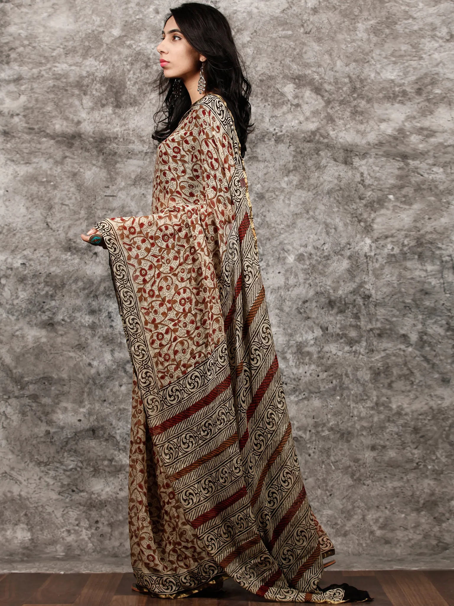 Beige Rust Brown Black Hand Block Printed Chiffon Saree with Zari Border - S031703492