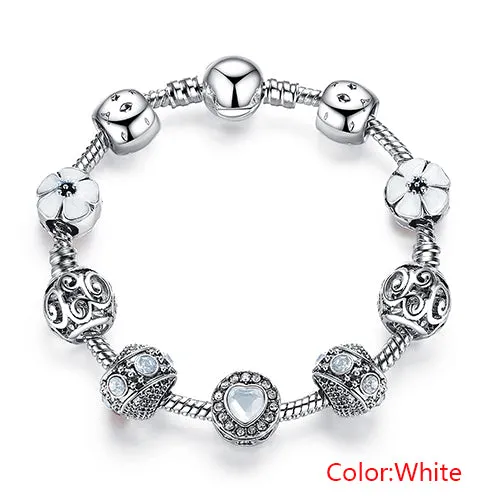 BELAWANG Luxury 925 Silver Charm Bracelet For Women With Flower and Crystal Heart Bead Bracelets Wedding Valentine's Day Jewelry