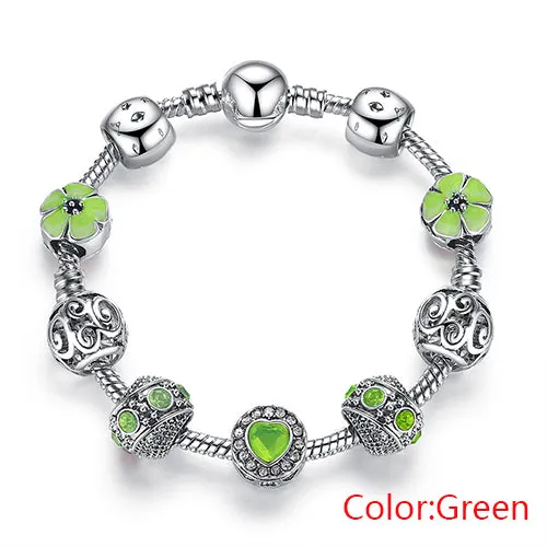 BELAWANG Luxury 925 Silver Charm Bracelet For Women With Flower and Crystal Heart Bead Bracelets Wedding Valentine's Day Jewelry