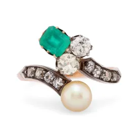 Belle Époque emerald pearl diamond 18k rose gold silver Toi Et Moi ring