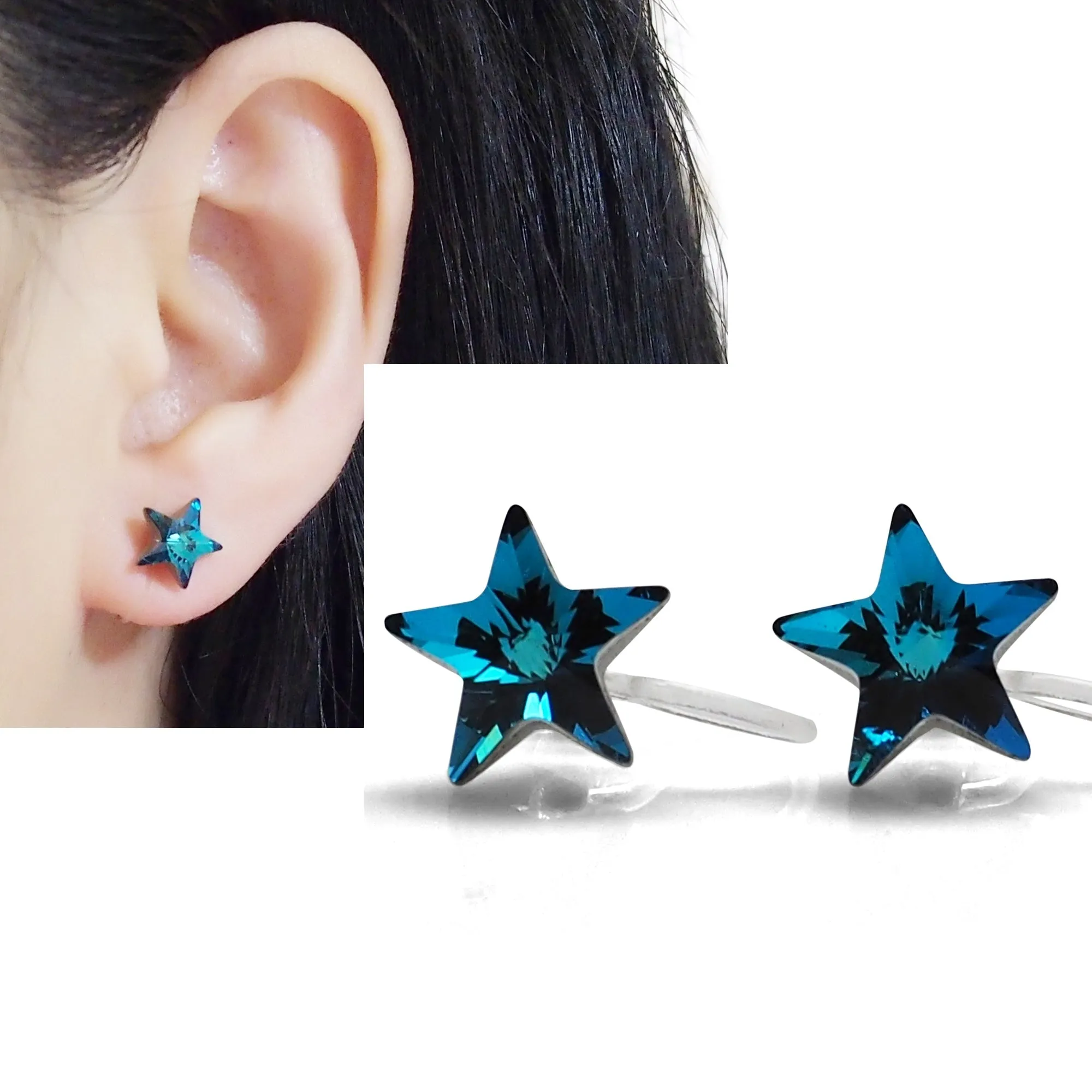 Bermuda Blue Star Swarovski crystal invisible clip on stud earrings