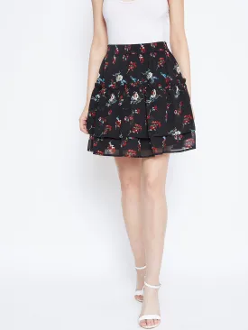 Berrylush Women Black & Red Floral Print Layered Slip-On Mini Skirt