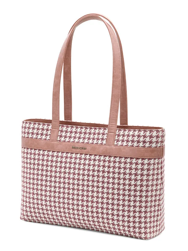 Berrylush Women Pink & White Houndstooth Printed Two-Handle Zipper-Up Oversized Handheld Bag