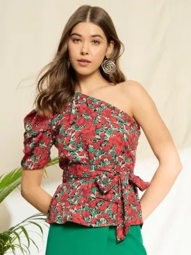 Berrylush Women Red Floral Printed One Shoulder Puff Sleeve Belted Peplum Top