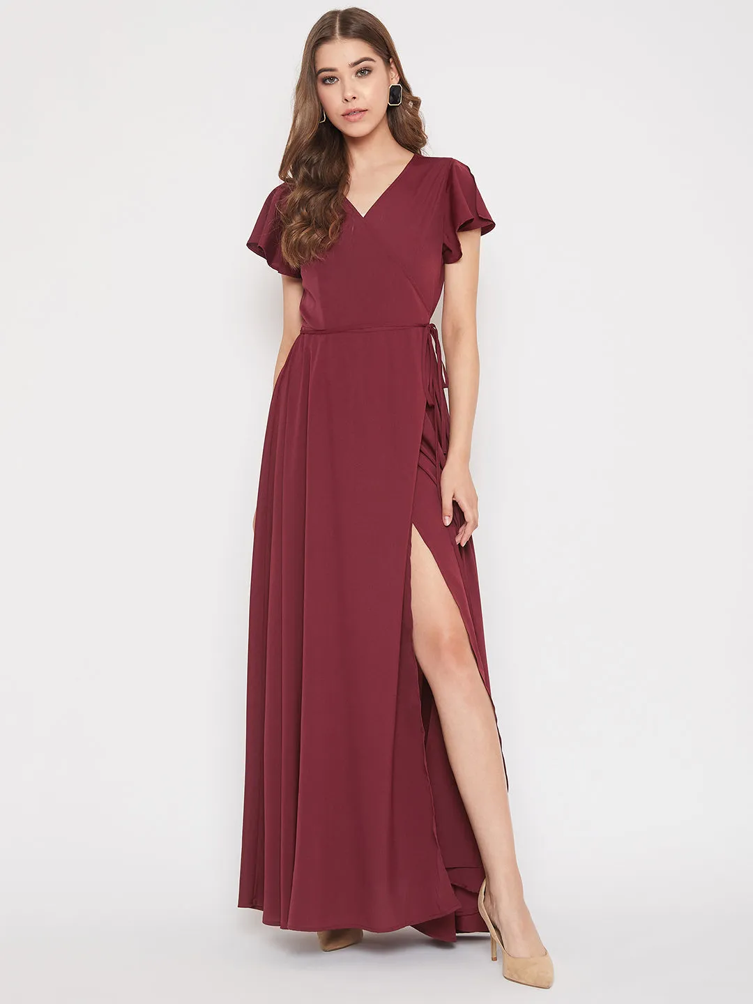 Berrylush Women Solid Maroon V-Neck Waist Tie-Up Wrap Maxi Dress