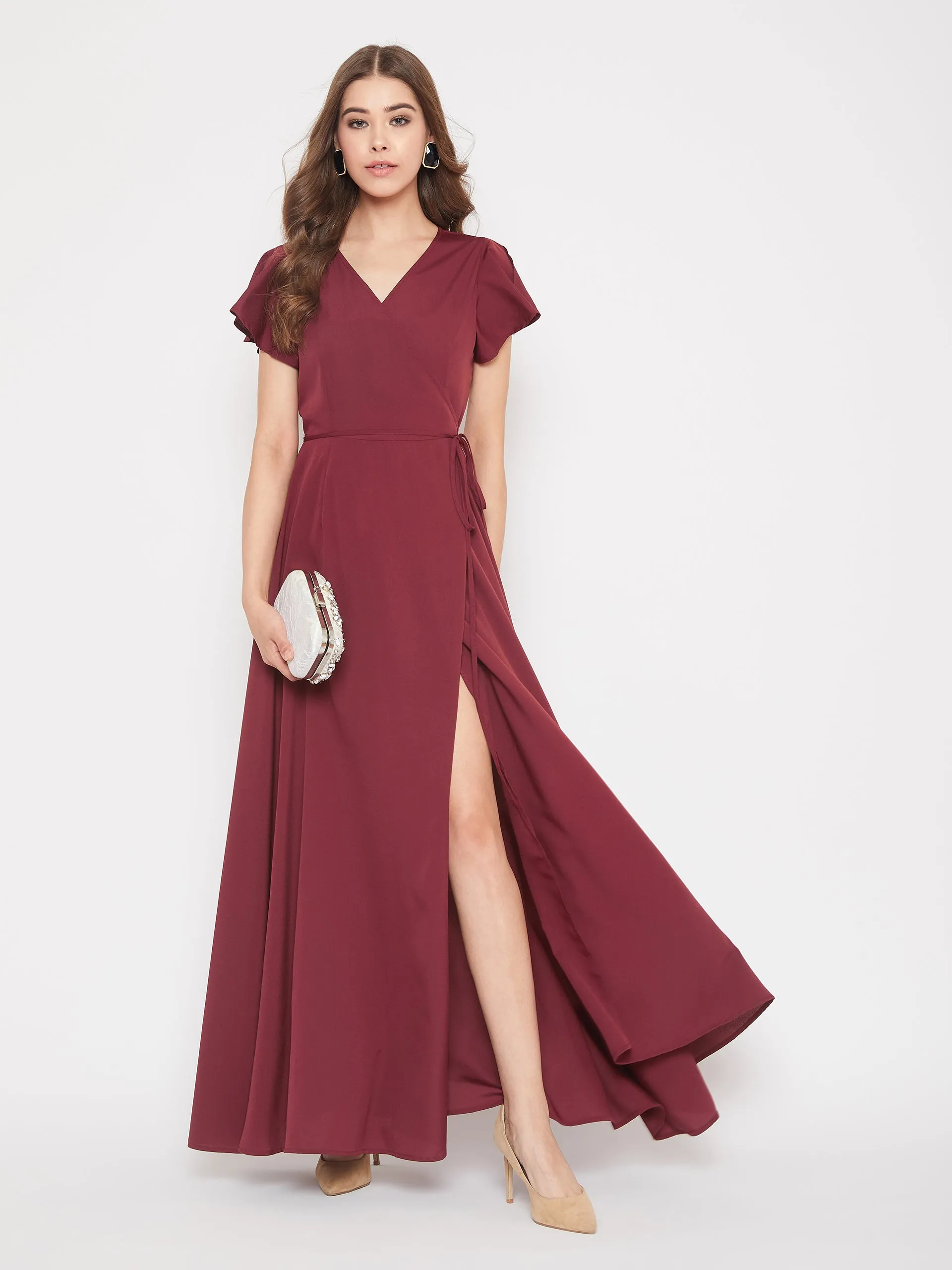 Berrylush Women Solid Maroon V-Neck Waist Tie-Up Wrap Maxi Dress