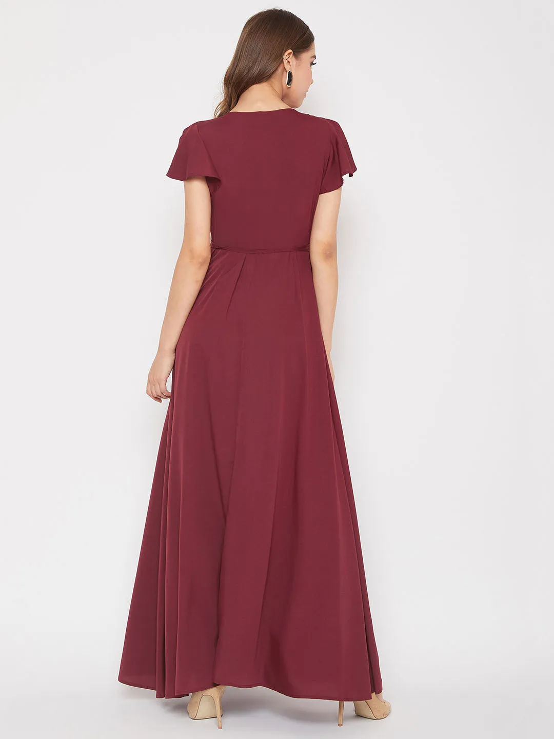 Berrylush Women Solid Maroon V-Neck Waist Tie-Up Wrap Maxi Dress