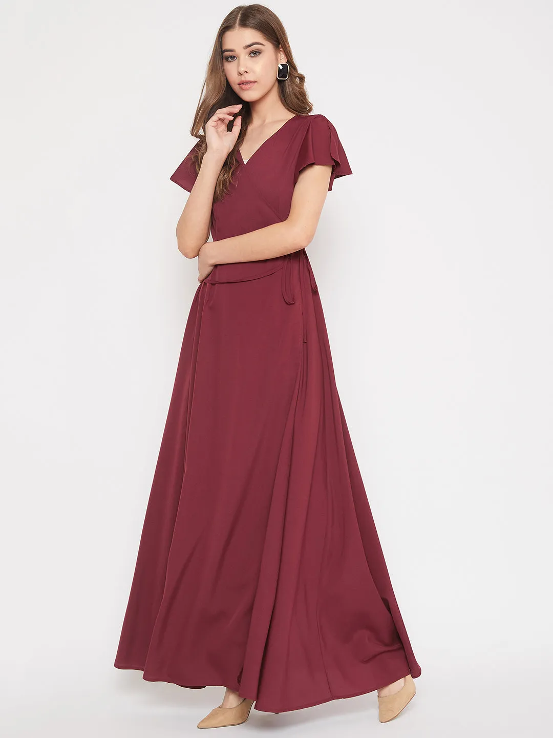 Berrylush Women Solid Maroon V-Neck Waist Tie-Up Wrap Maxi Dress