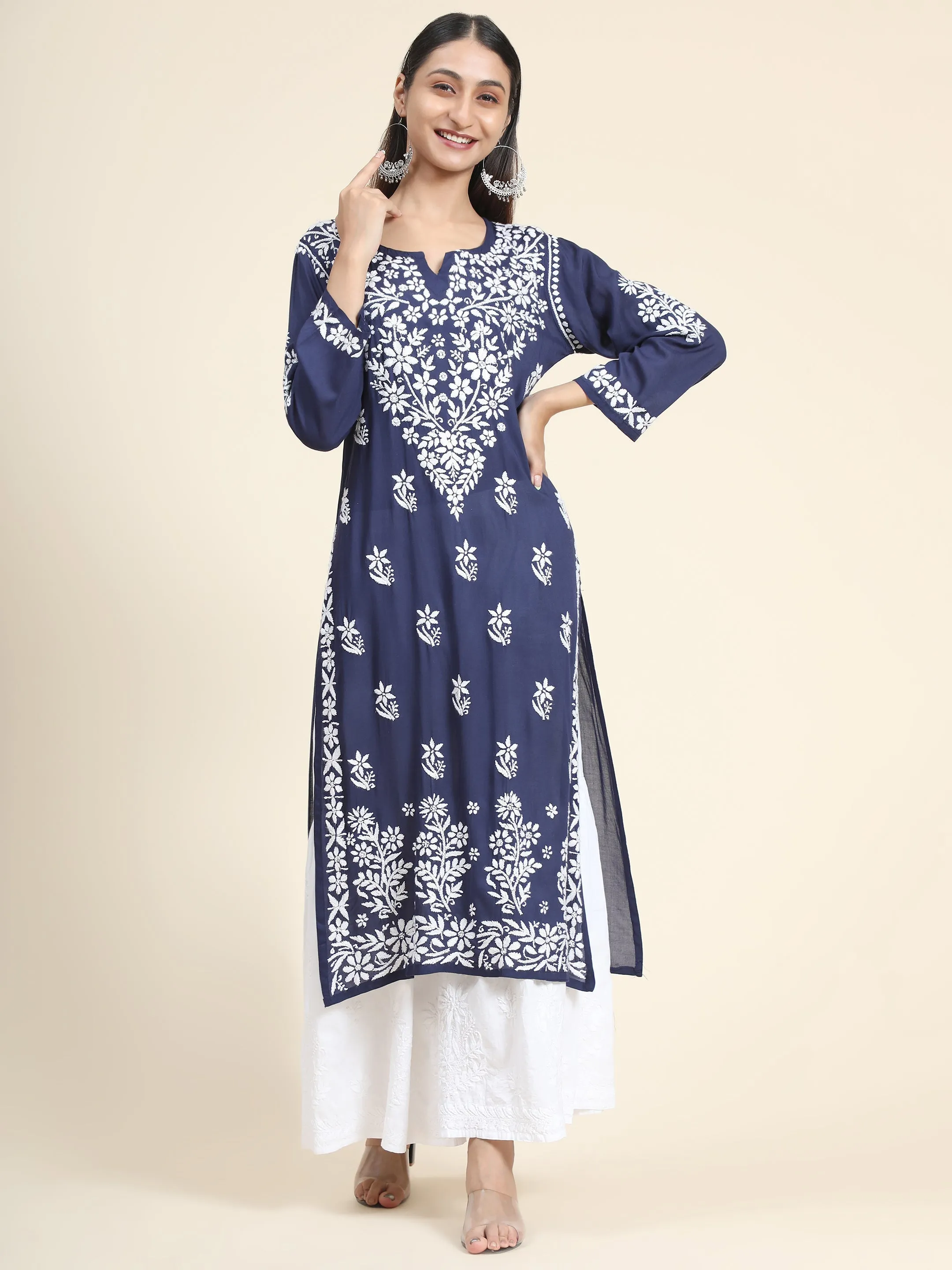 Bhavdeep Kaur in HOK Chikankari Stylish Kurti Navy Blue