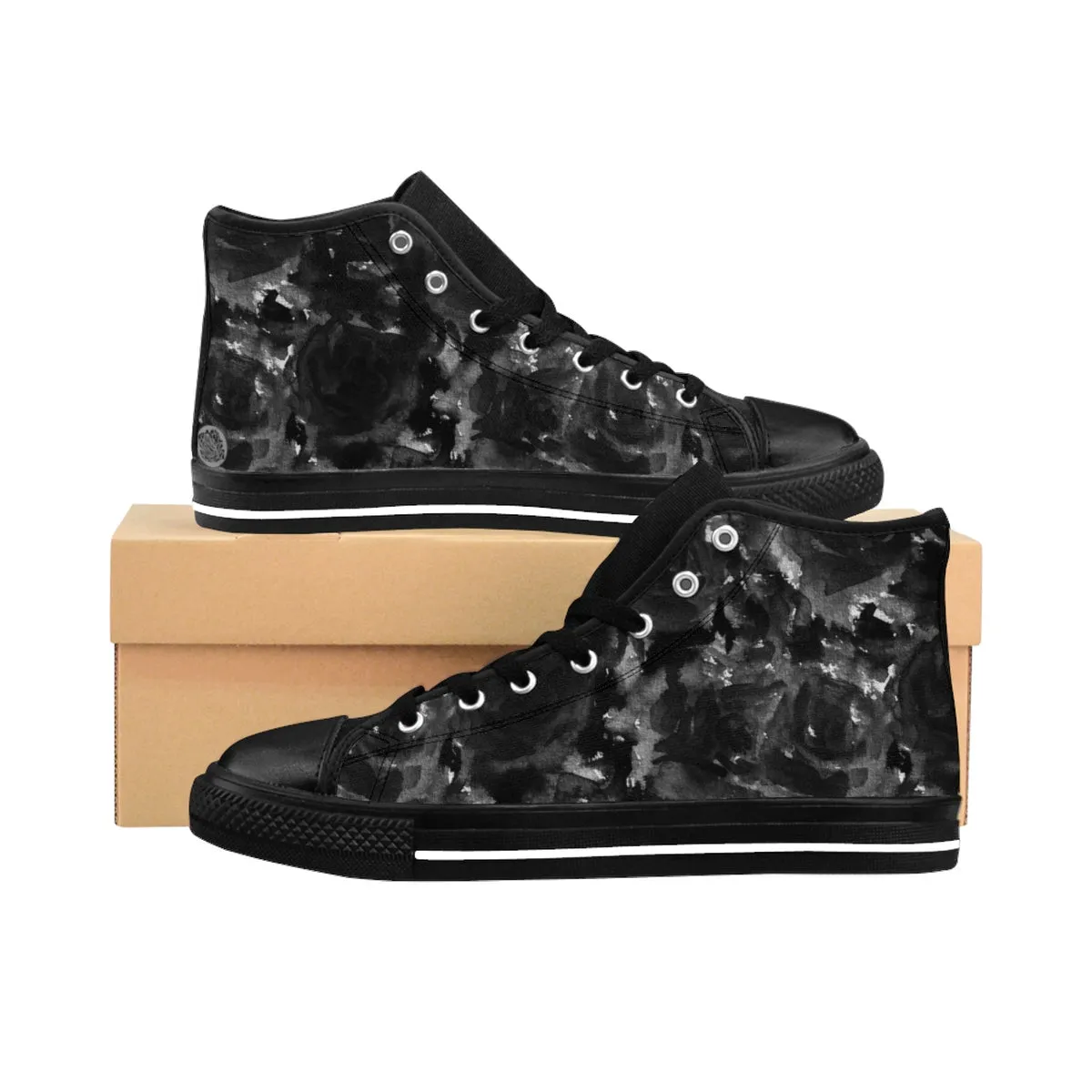 Black Abstract Women's Sneakers, Rose Floral Print High Top Tennis Shoes (US Size: 6-12)