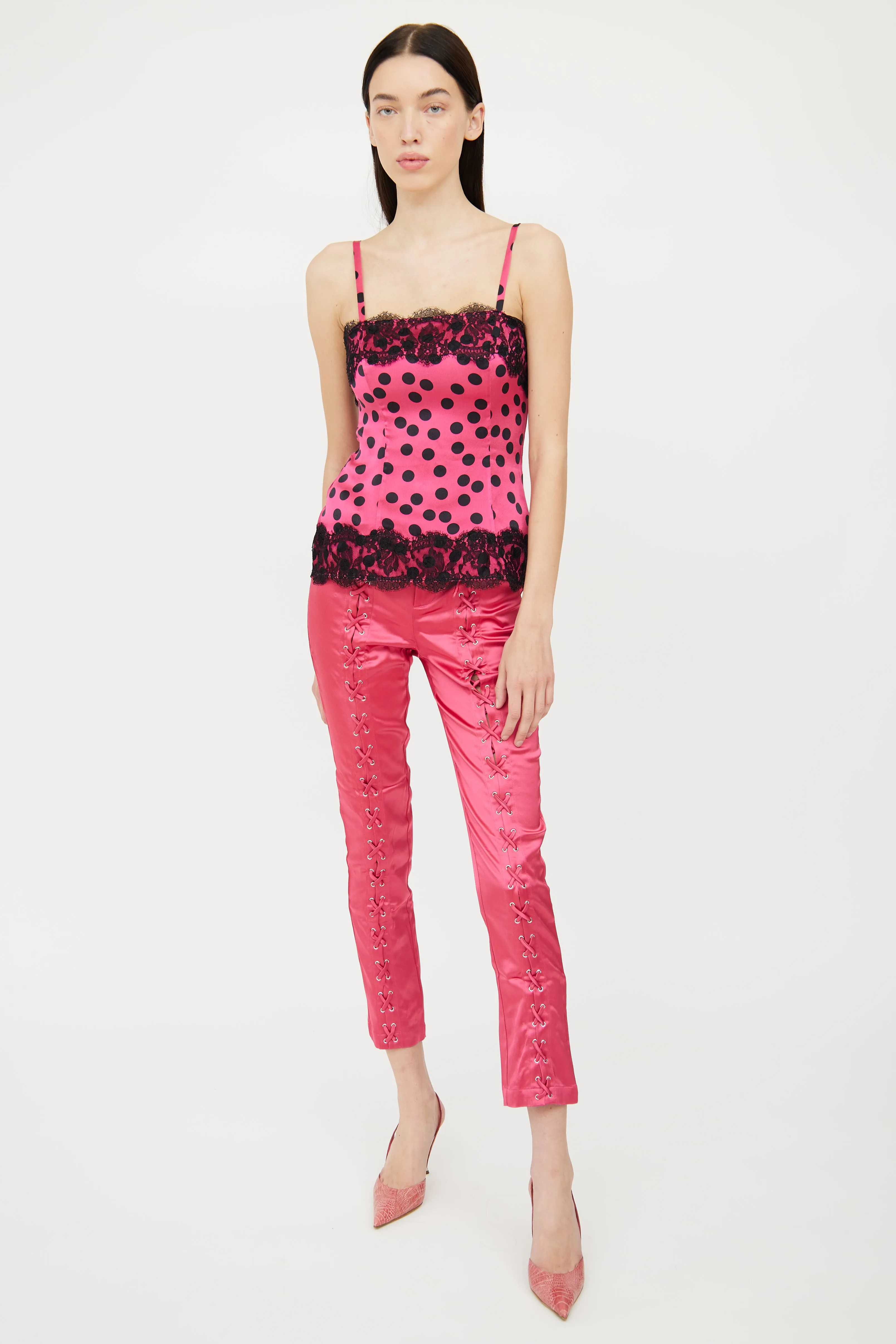 Black & Pink Polka Dot Lace Camisole Top