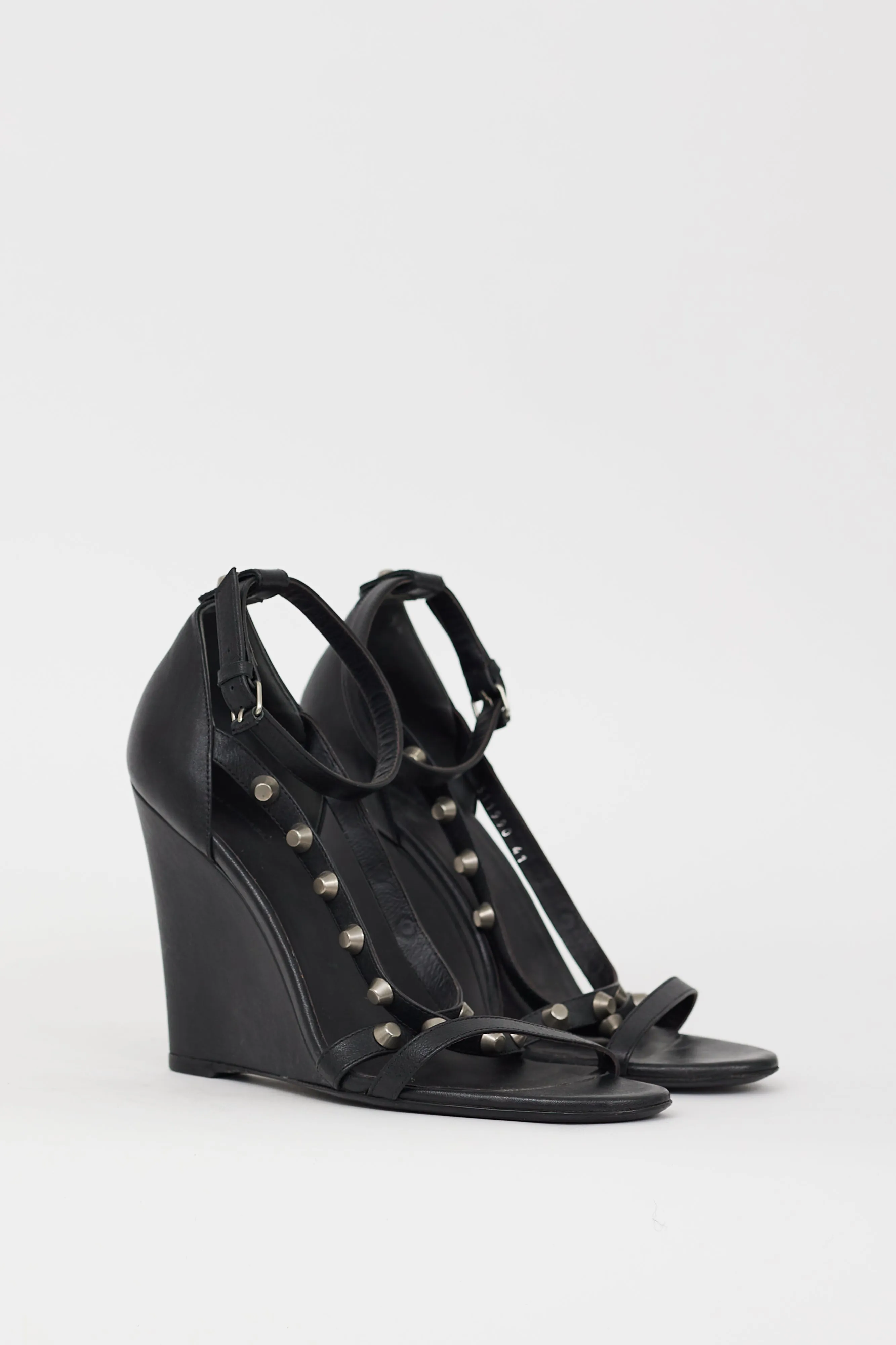 Black & Silver Studded Leather Wedge Heel