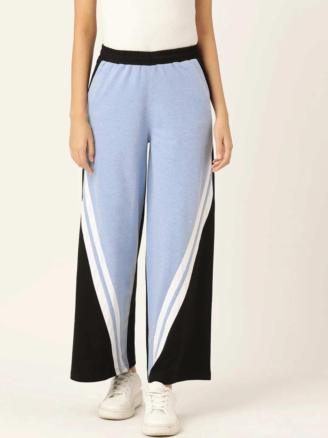 Black & Turquoise Blue Colourblocked Wide Leg Track Pants,has elasticated waistband with inner drawstring closure & 2 pockets