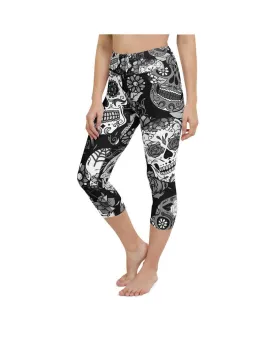 Black & White Sugar Skull Yoga Capris