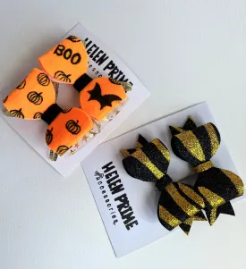 Black Bats Bows Orange Halloween Hair Bow Set with Felt Hand Painted Pumpkins Pigtail Bows Pinwheel Baby Bow Hello 1st Grade Accessories