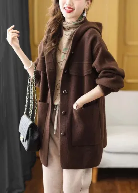 Black Button Patchwork Woolen Coat Hooded Long Sleeve LY9901