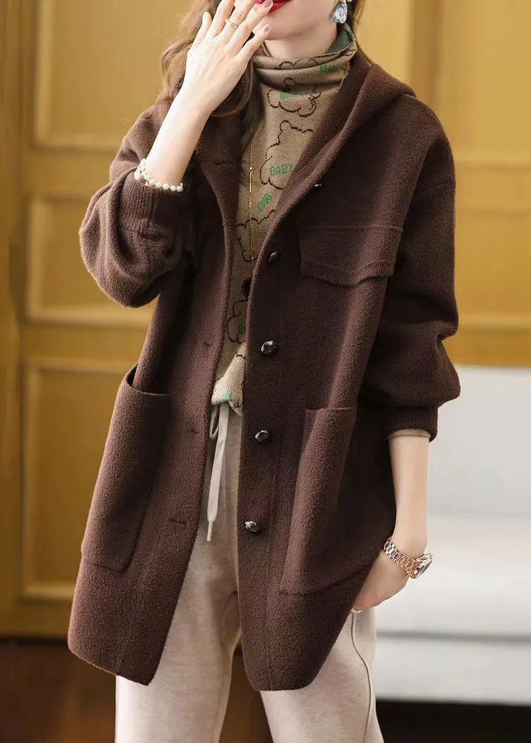 Black Button Patchwork Woolen Coat Hooded Long Sleeve LY9901